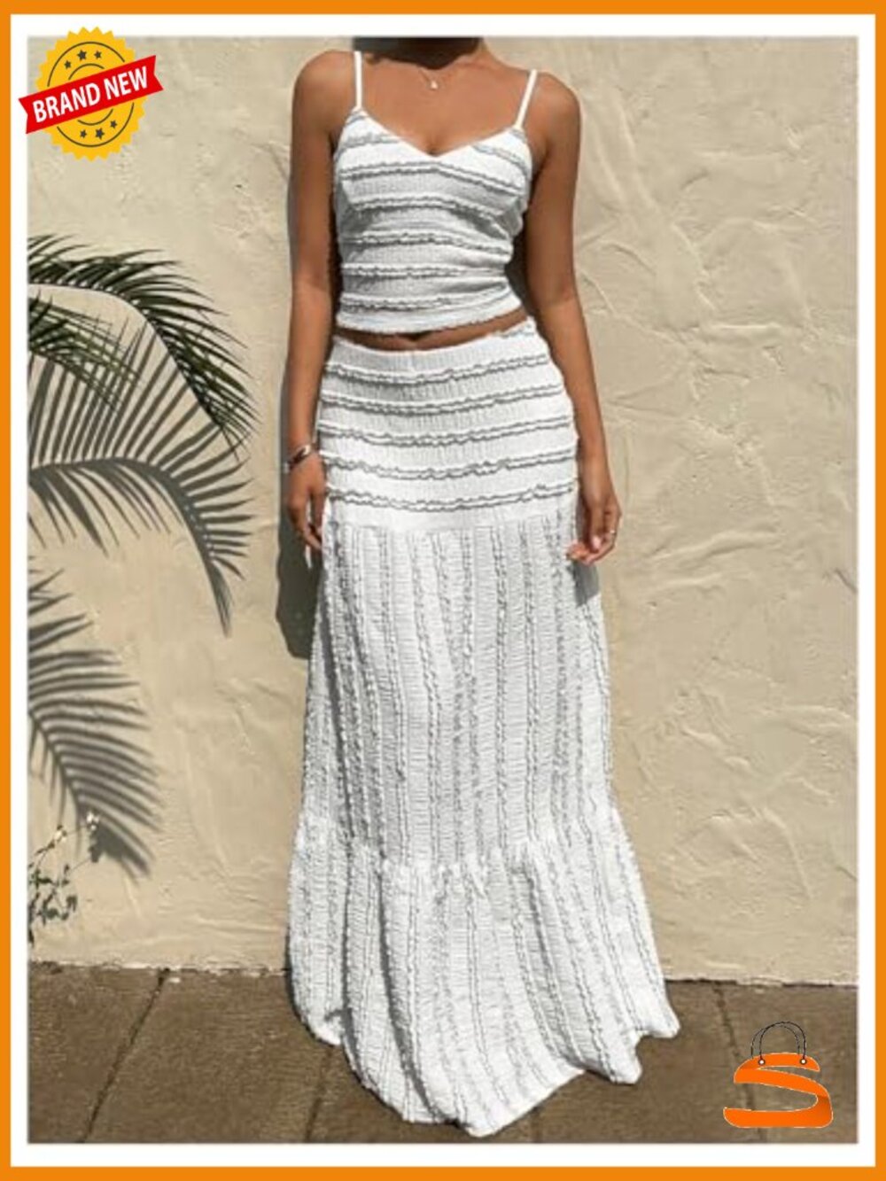 Women's 2 Piece Skirt Set Tiered Crop Camisole Maxi Skirt Vacation Outfits - Picture 2 of 6